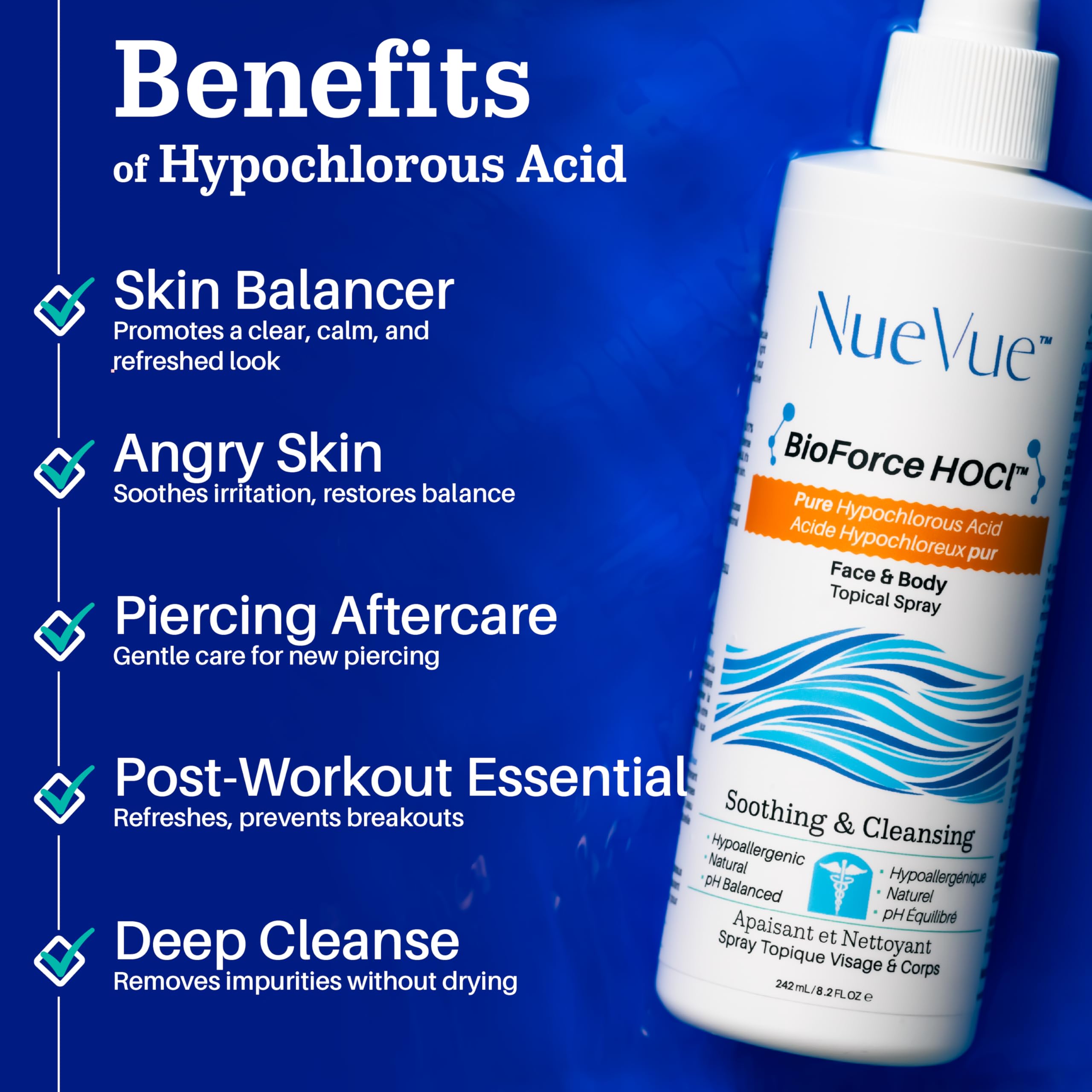 NueVue BioForce HOCl spray sensitive-skin closeup highlights fragrance-free design