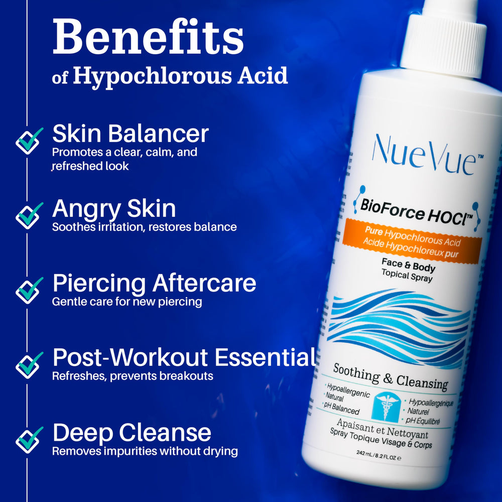 NueVue BioForce HOCl spray sensitive-skin closeup highlights fragrance-free design
