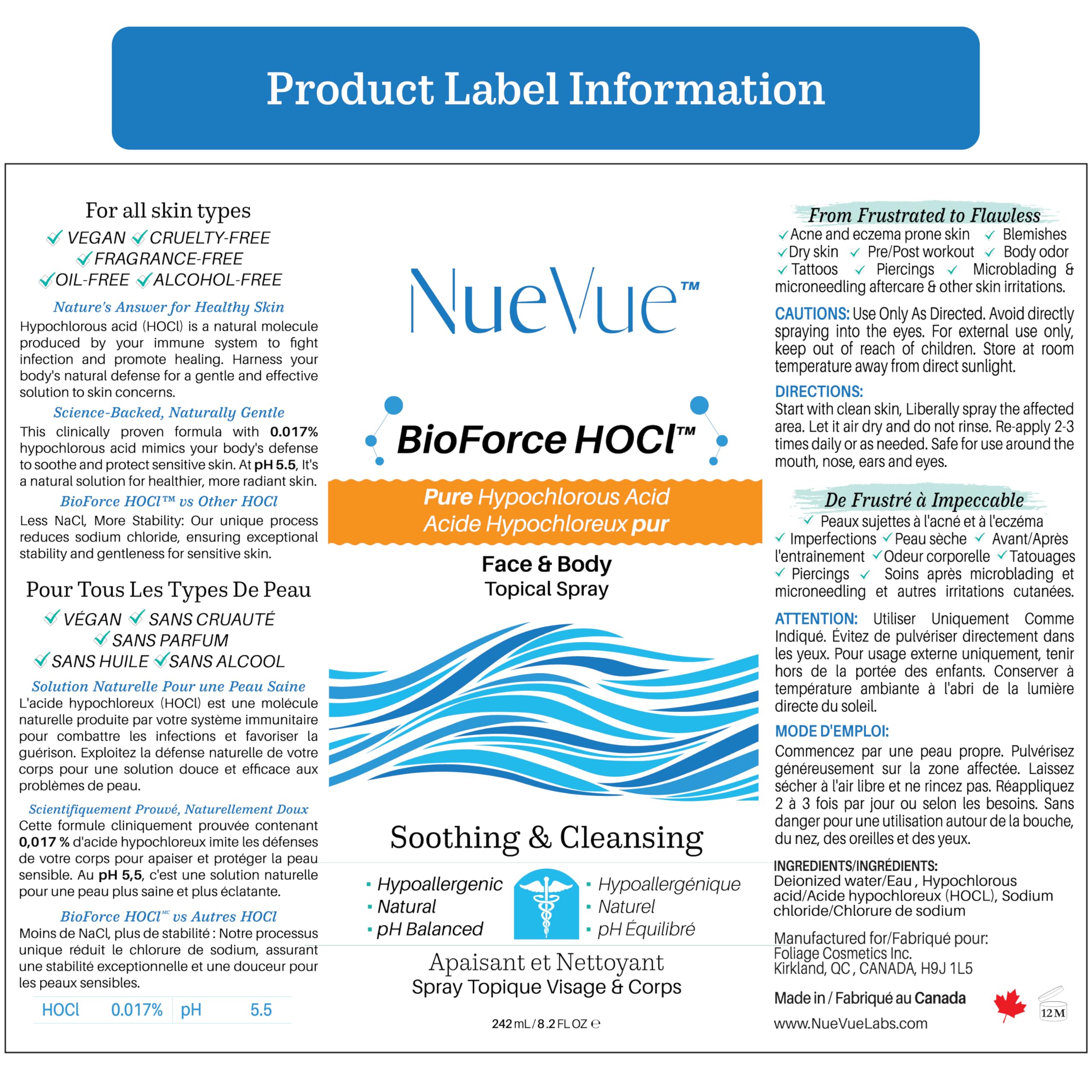 NueVue BioForce HOCl spray small-batch label signals crafted quality