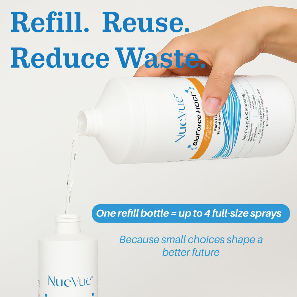 NueVue BioForce HOCl refill bottle tilted for easy grip during quick refreshes.