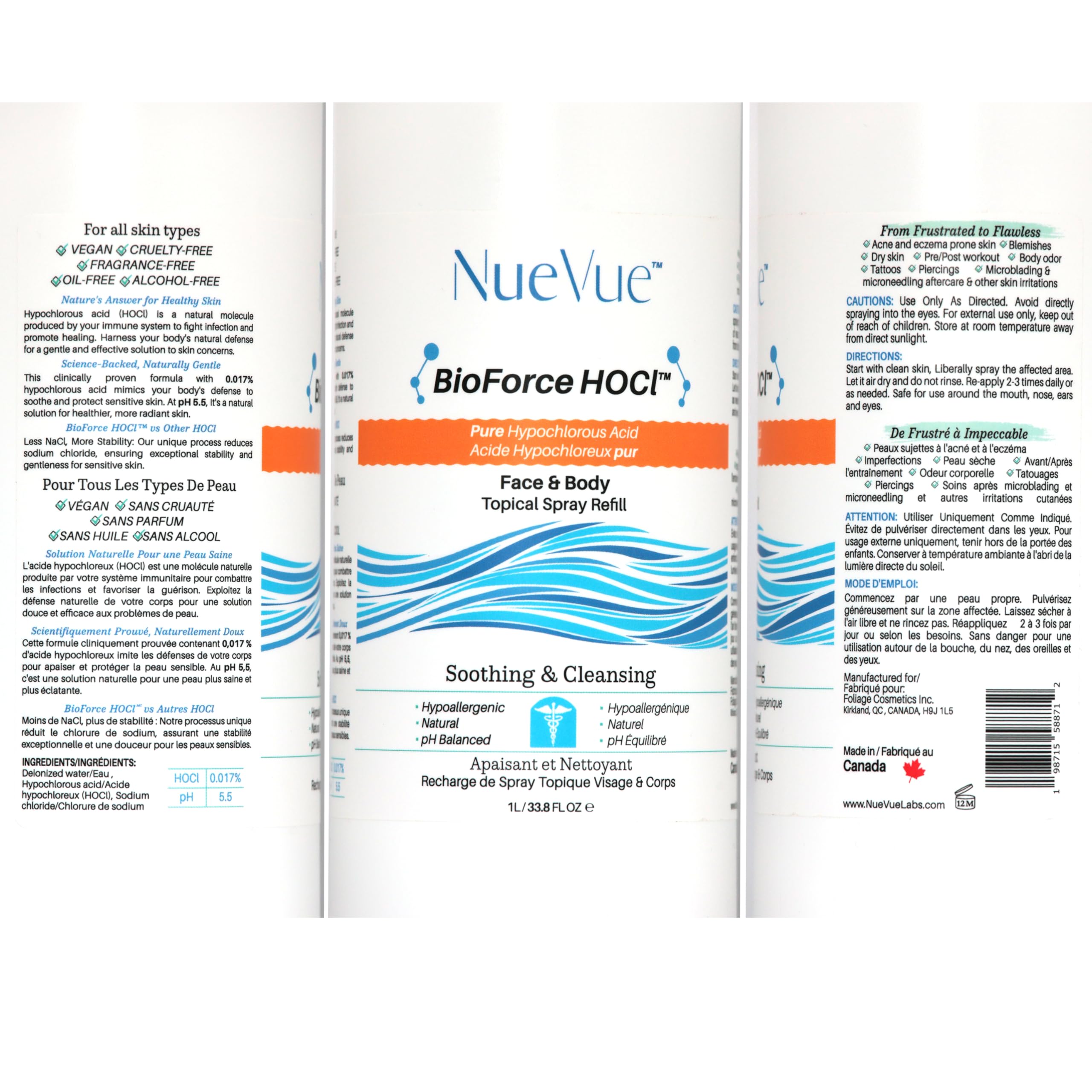 NueVue BioForce HOCl refill home-use setup supports ongoing skin hygiene.
