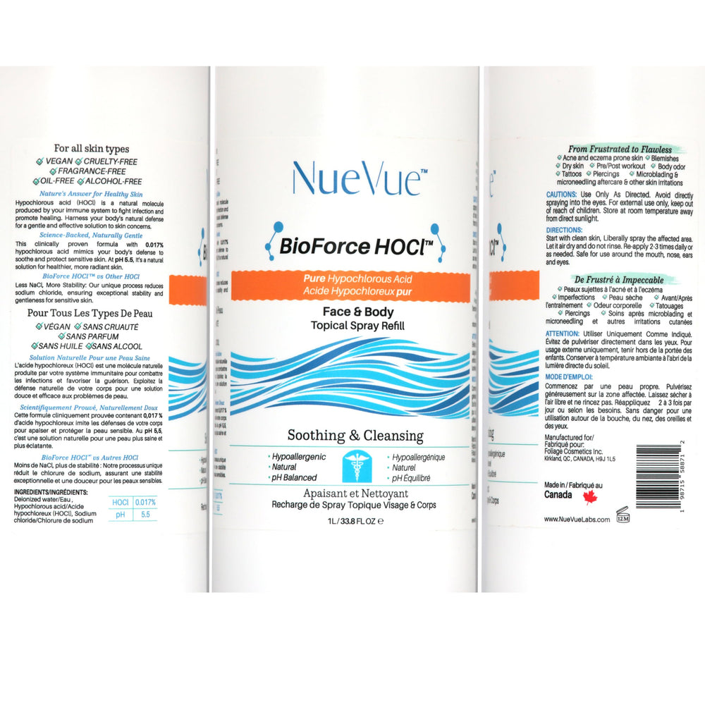 NueVue BioForce HOCl refill home-use setup supports ongoing skin hygiene.