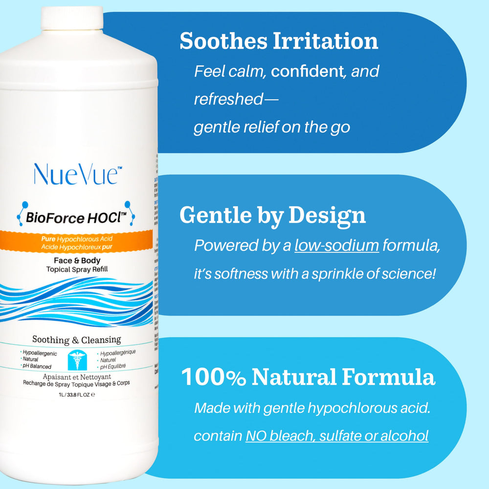 NueVue BioForce HOCl refill label detail highlights pure, simple ingredients.