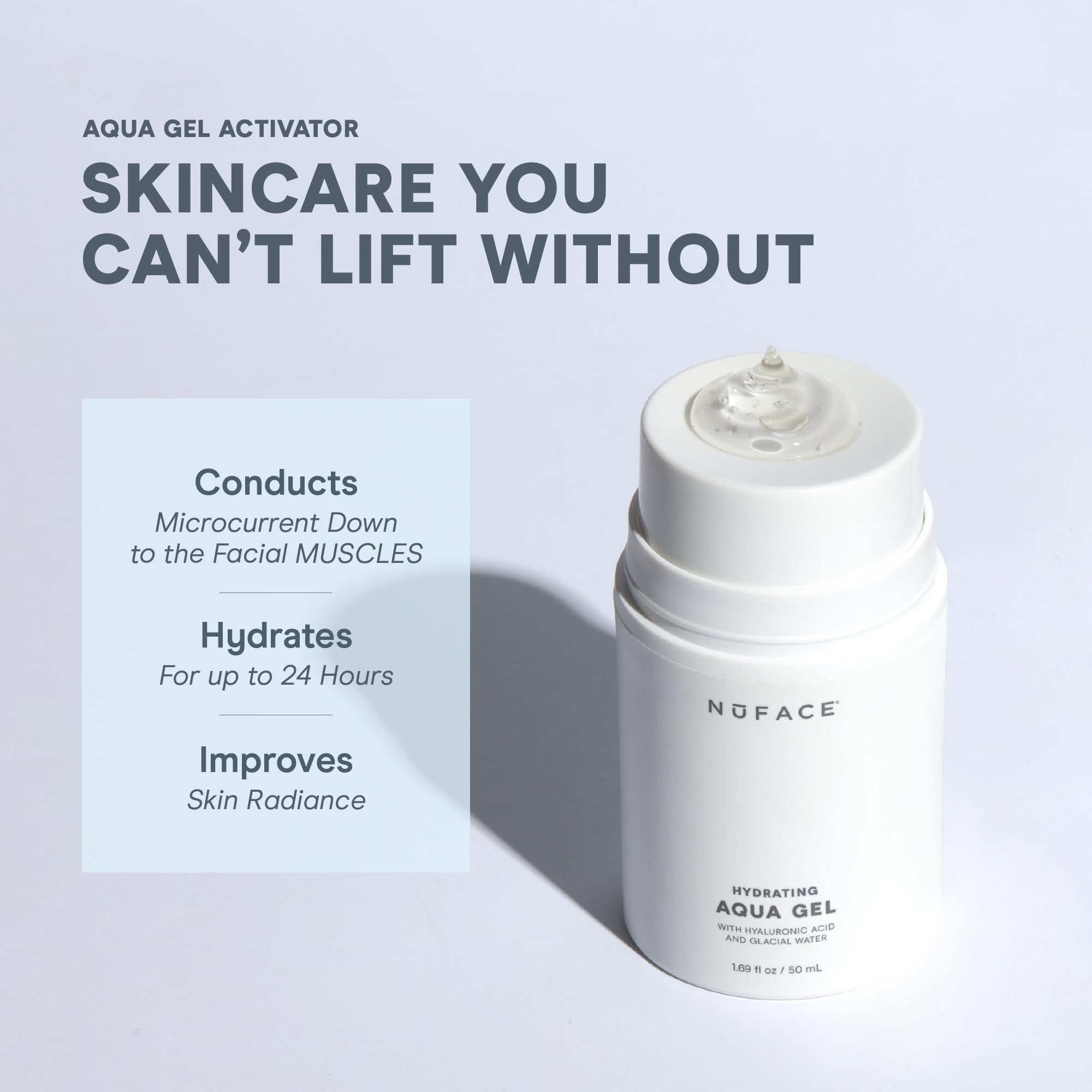 NuFACE Aqua Gel Activator application on cheek shows gel in action.