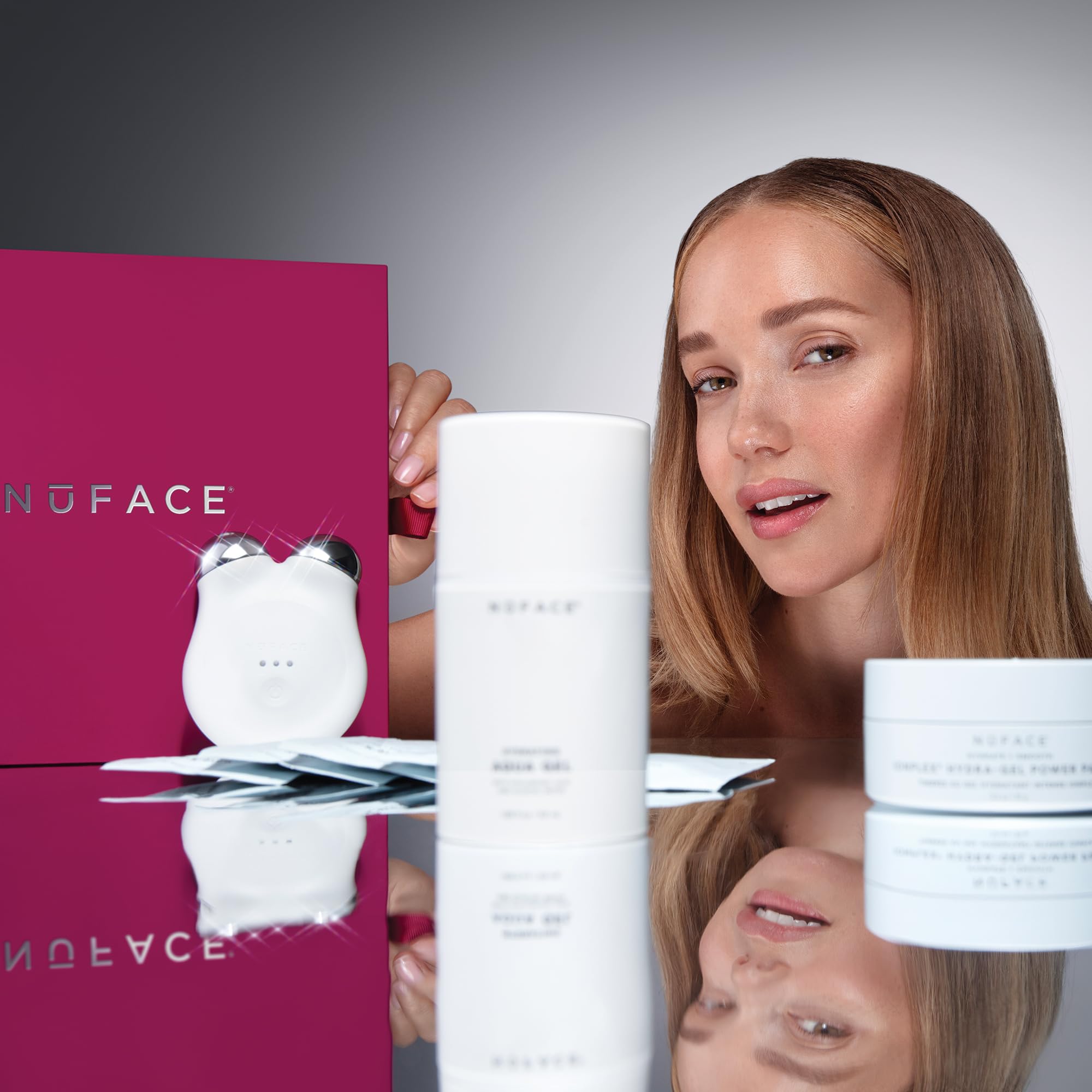NuFACE MINI+ Aqua Gel close-up showing hydration during microcurrent sessions.