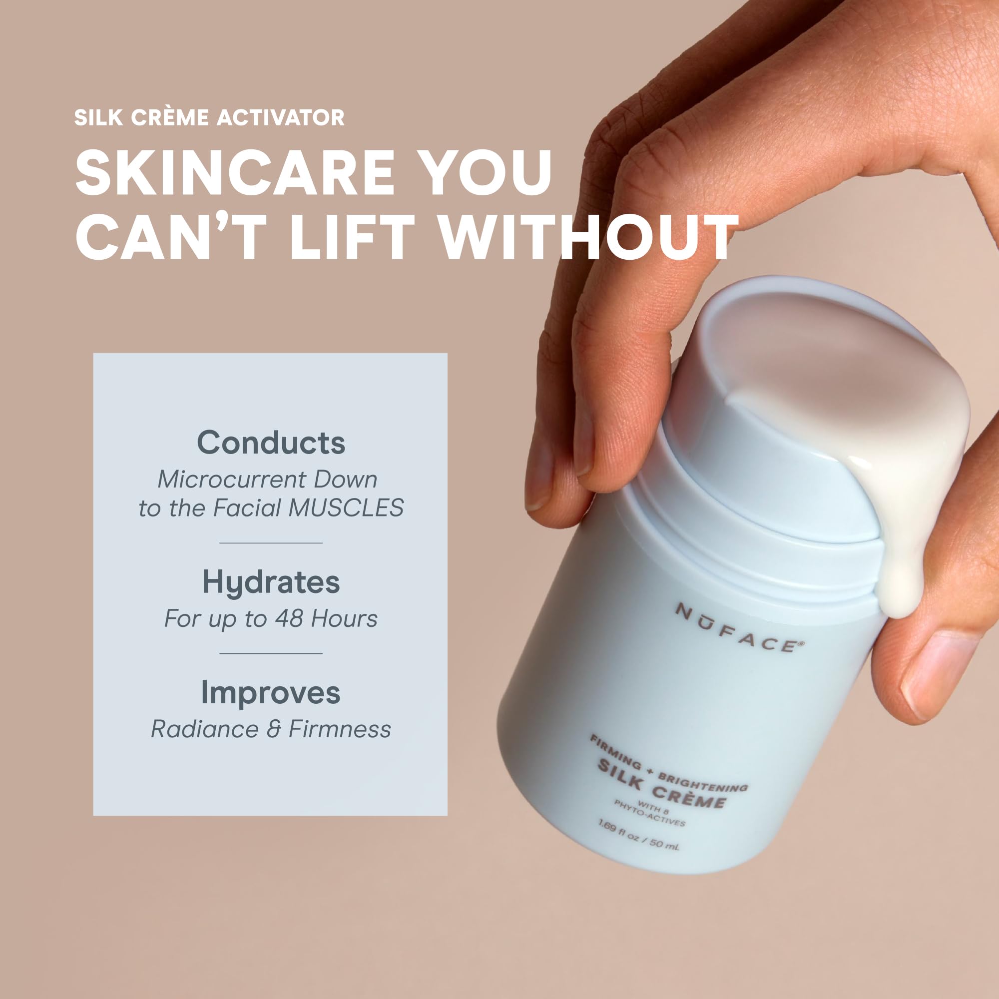 NuFACE Silk Creme Activator brightening finish suggests a radiant look after use.