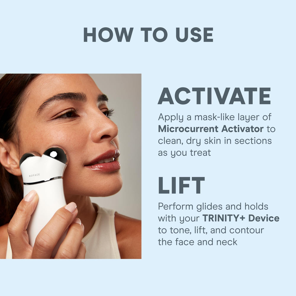NuFACE Trinity+ Silk Creme jar showing firming and brightening benefits.