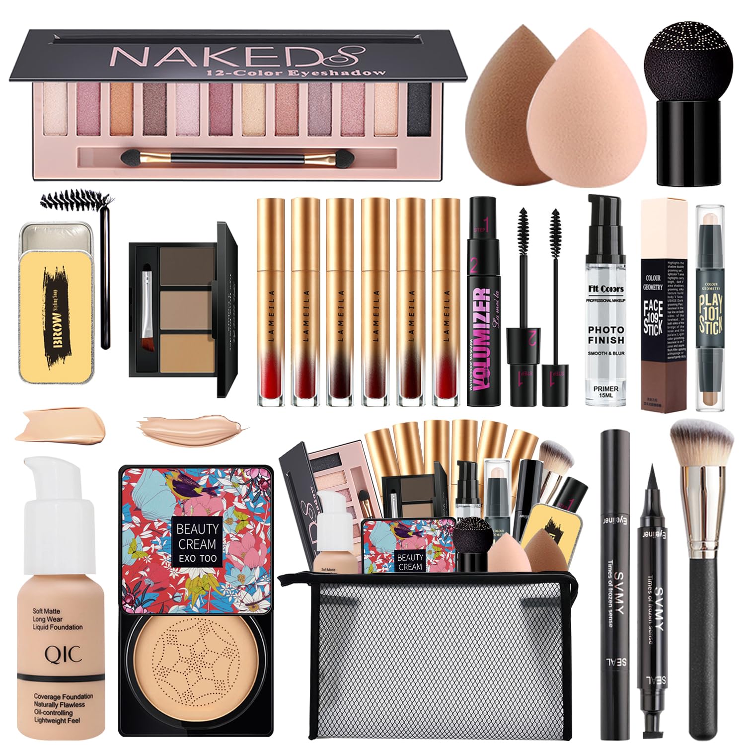 NUIBO all-in-one makeup kit shown with complete face essentials for quick daily looks