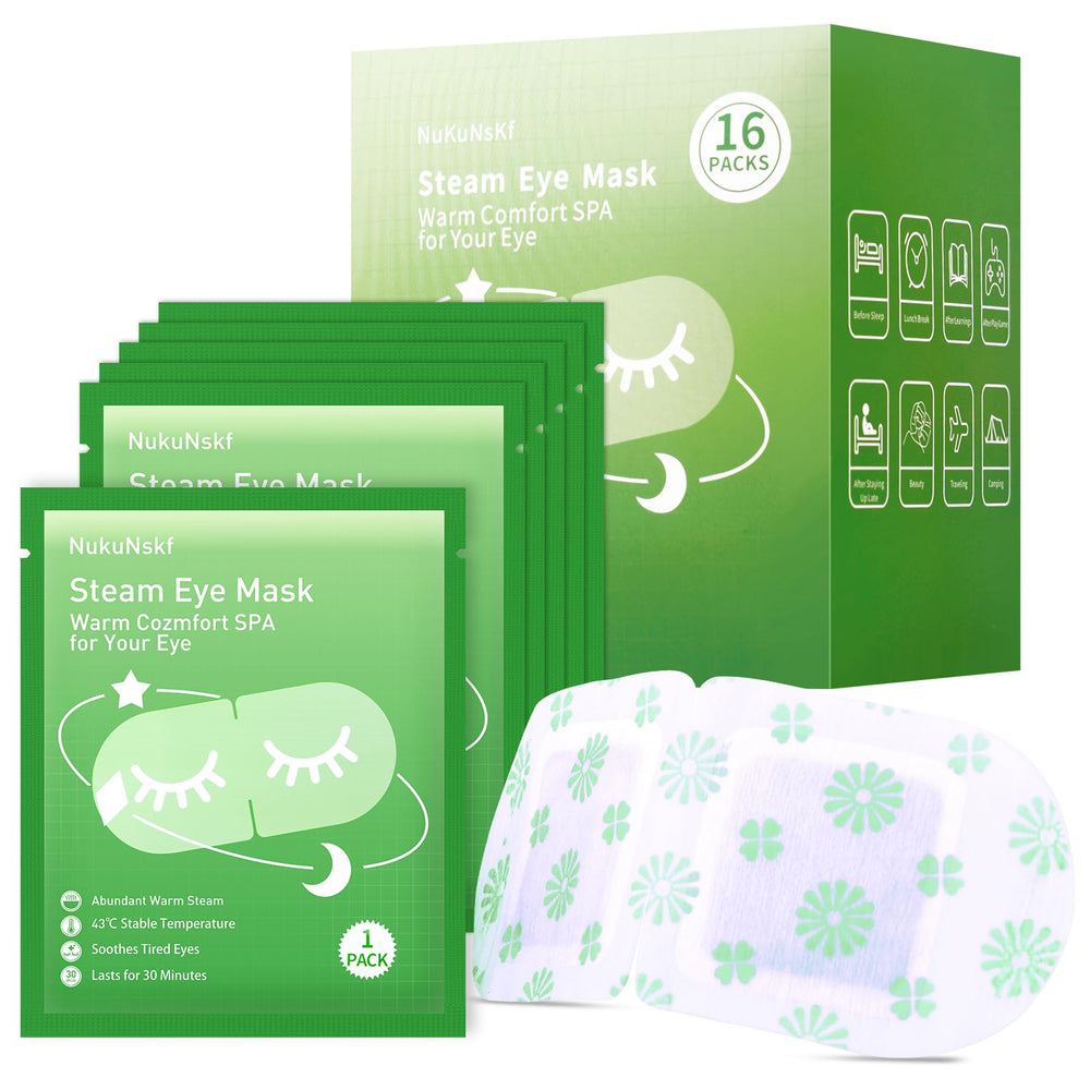 NuKuNsKf steam eye mask packaging shows a 16-pack for travel relaxation.