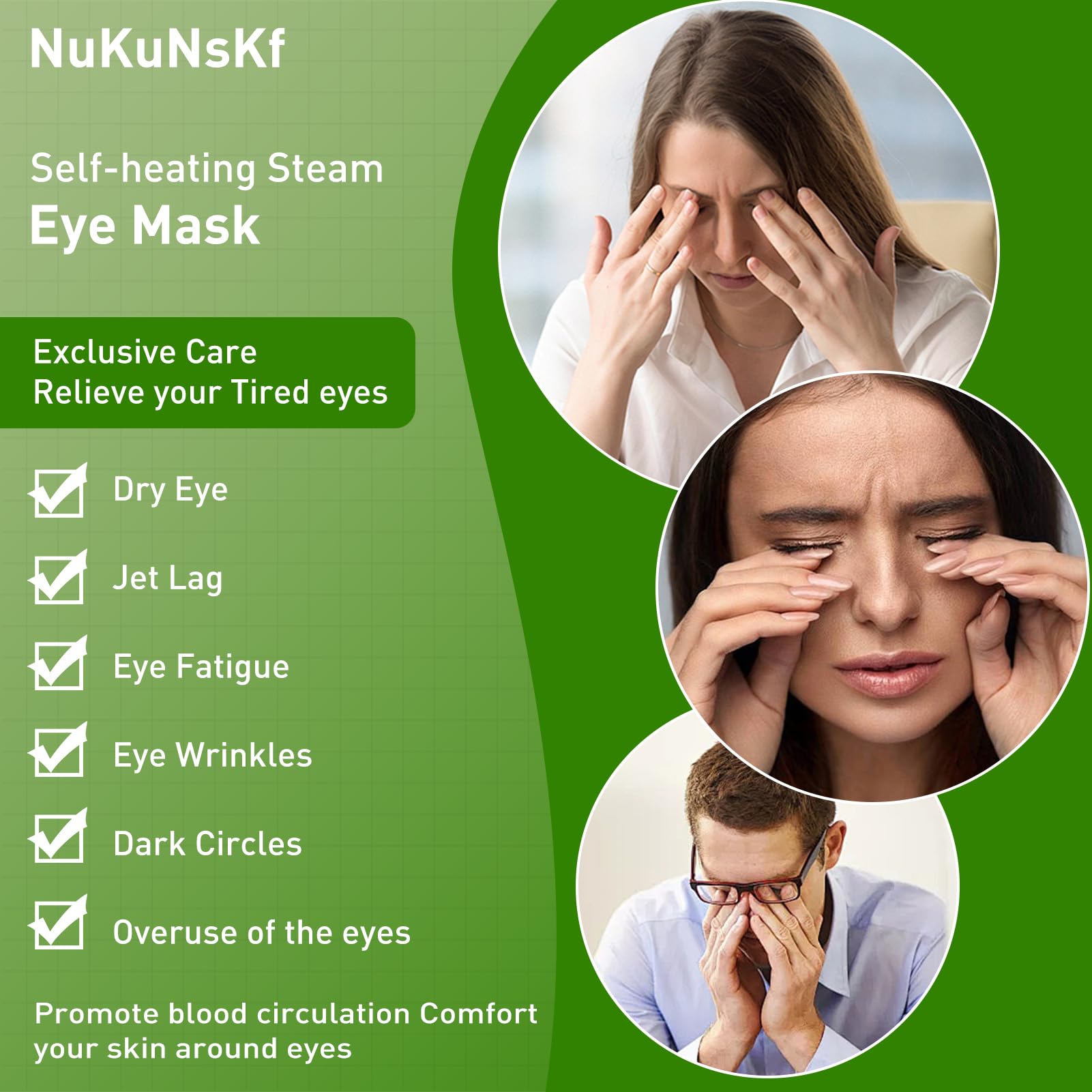 NuKuNsKf eye mask worn for 30–40 minutes for spa-like relaxation.