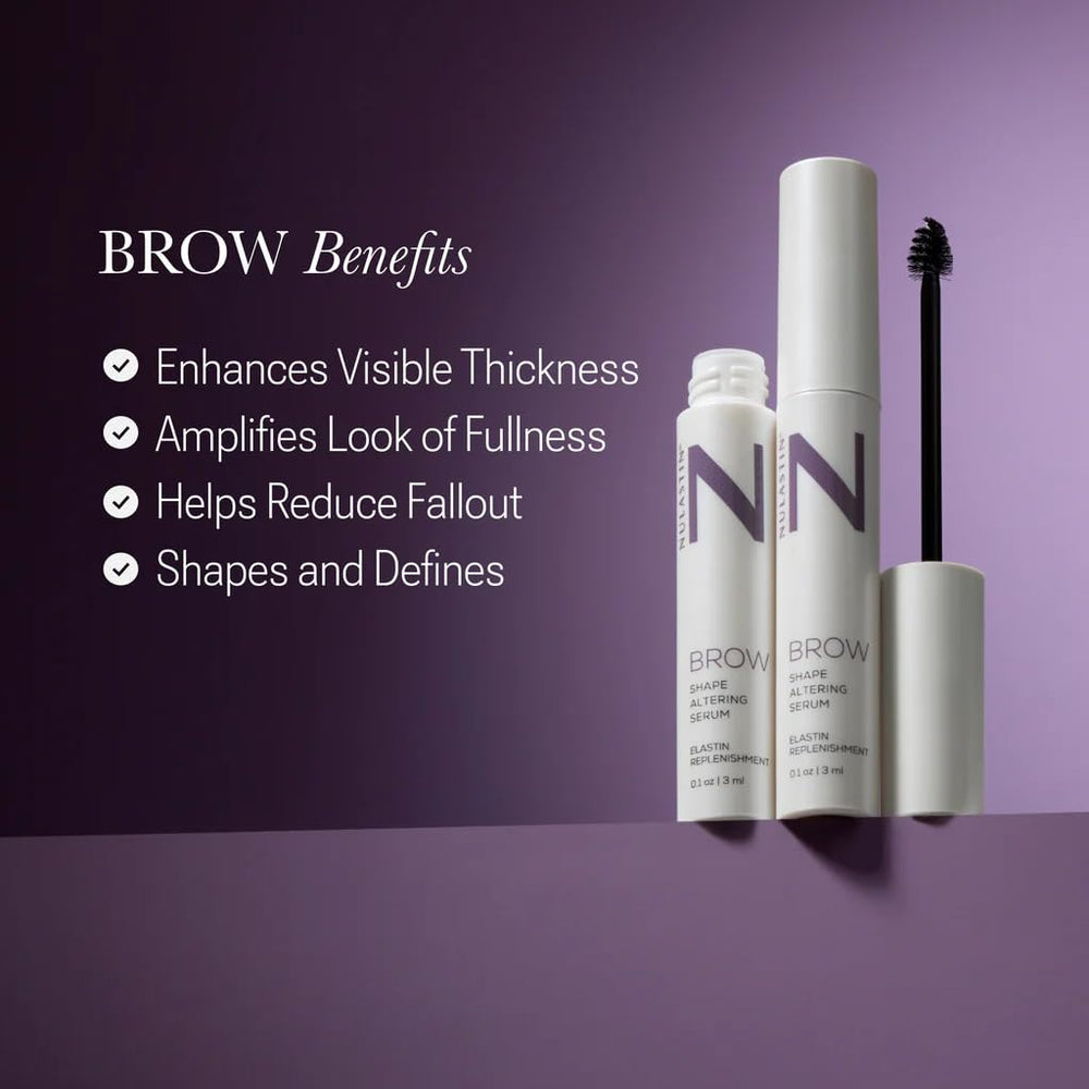 NULASTIN brow serum packaging graphic highlights clinically backed elastin focus.