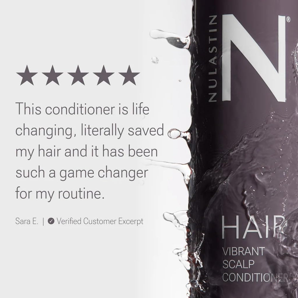 NULASTIN Vibrant Scalp Conditioner after-use hair displays smooth, glossy finish.