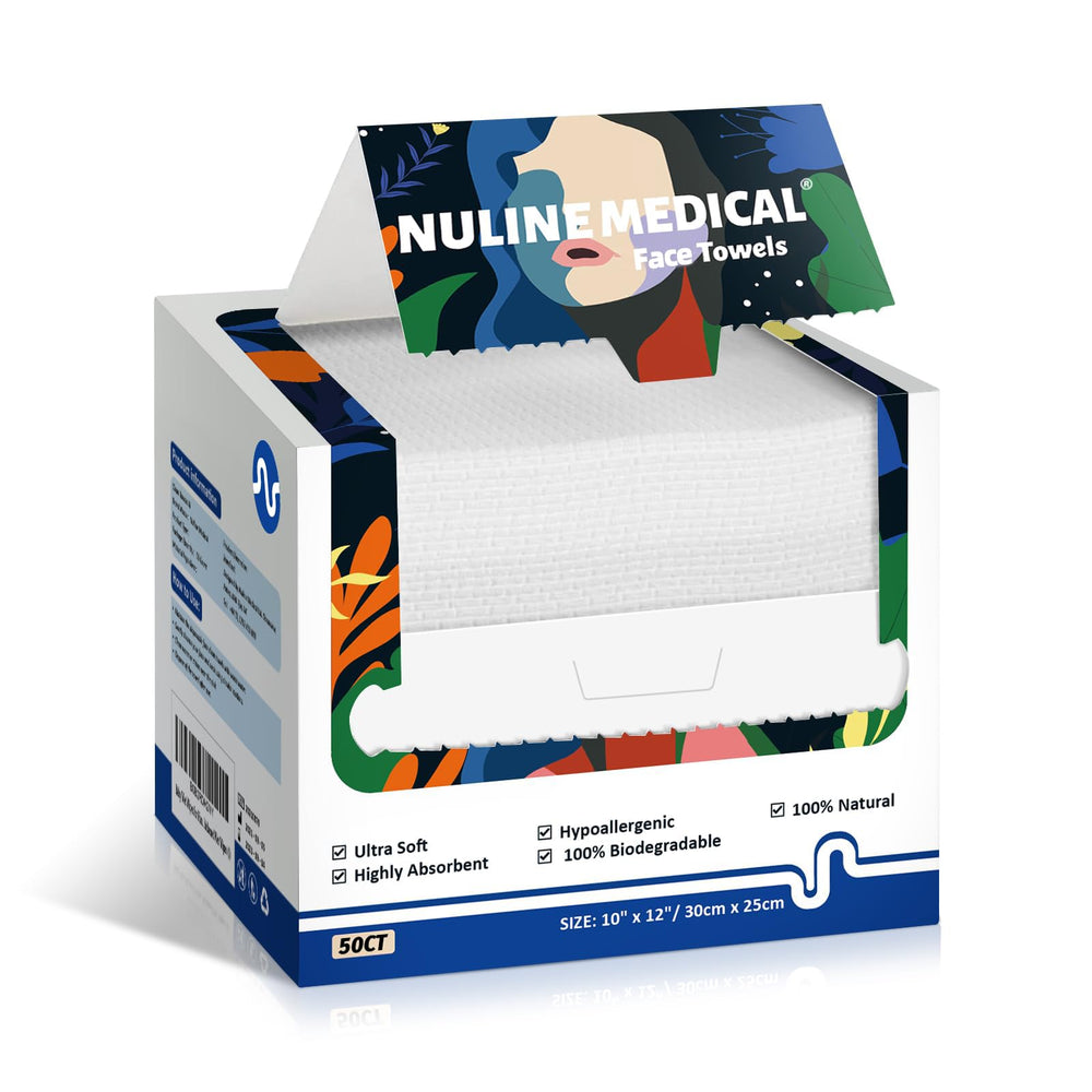 Nuline Medical Ultra-Soft Face Towel boxed packaging showcases eco-friendly biodegradable design