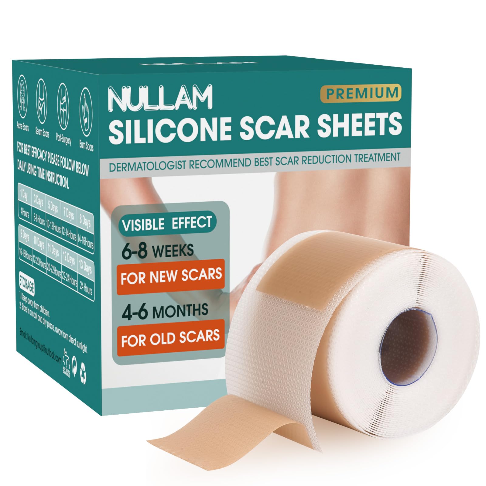 Nullam silicone scar sheets packaging demonstrates discreet, reusable scar care option