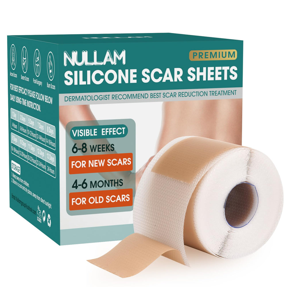 Nullam silicone scar sheets packaging demonstrates discreet, reusable scar care option