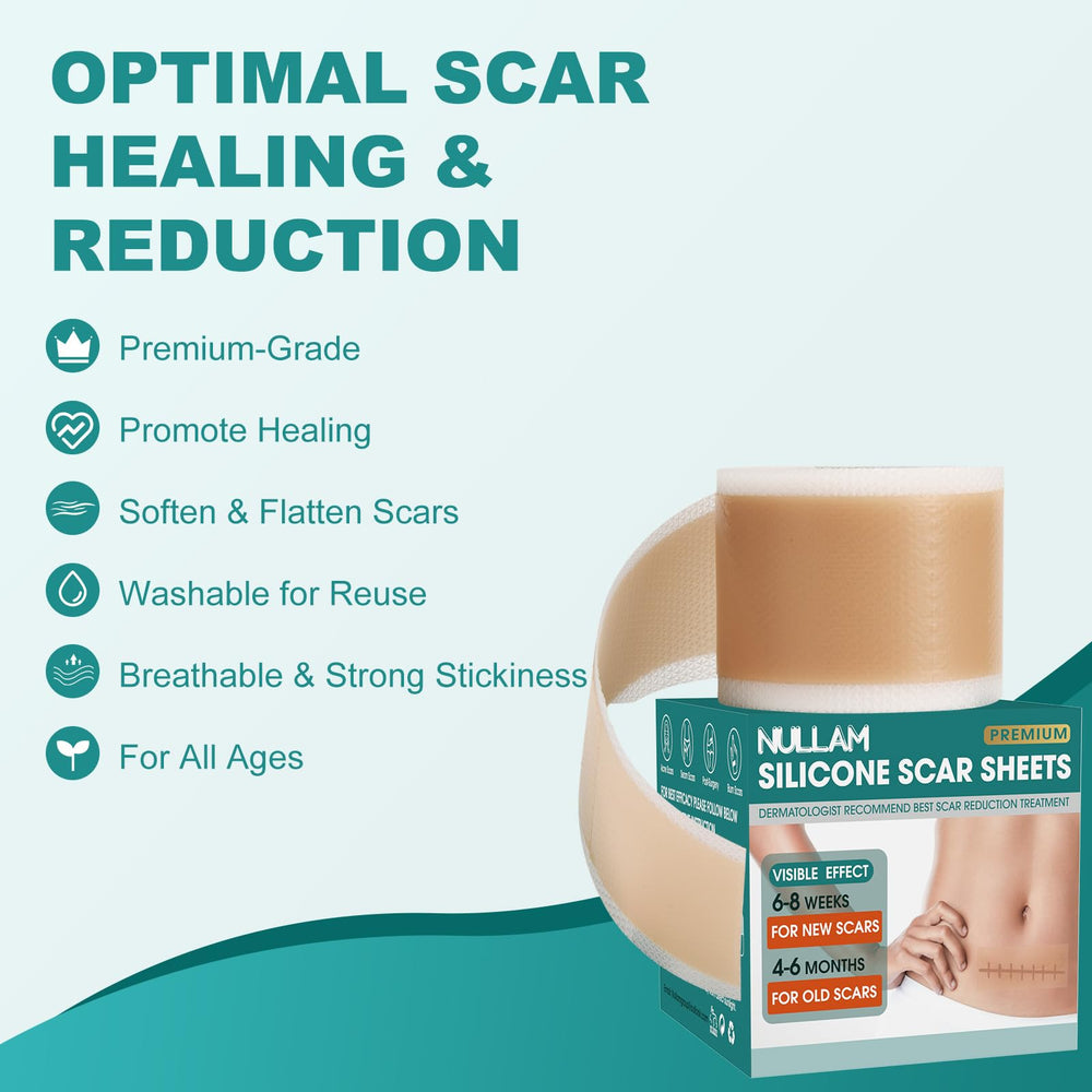 Nullam silicone scar tape on skin closeup highlights invisible coverage and gentle adhesion