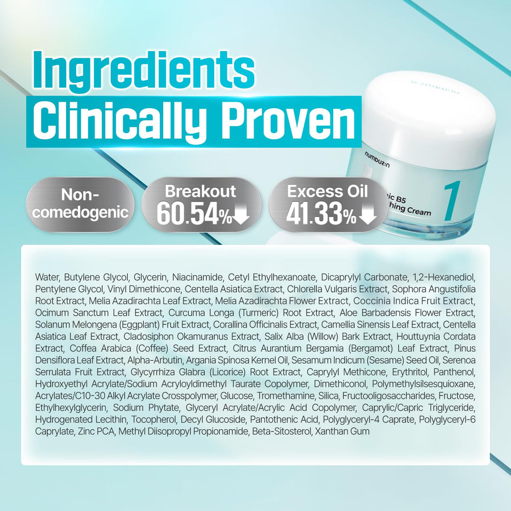 Numbuzin No.1 ingredients with niacinamide and Sophora highlighted for skin support.
