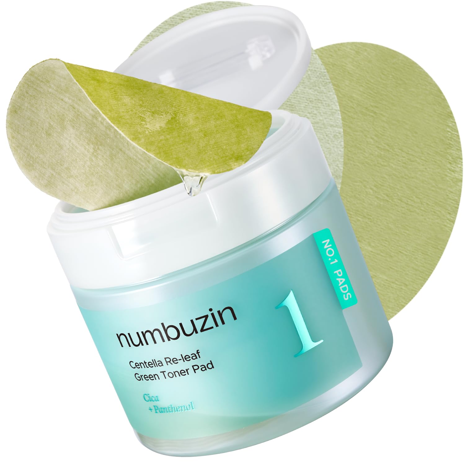 Numbuzin No.1 Toner Pad double-sided green-side closeup highlighting soothing centella leaves and hydration