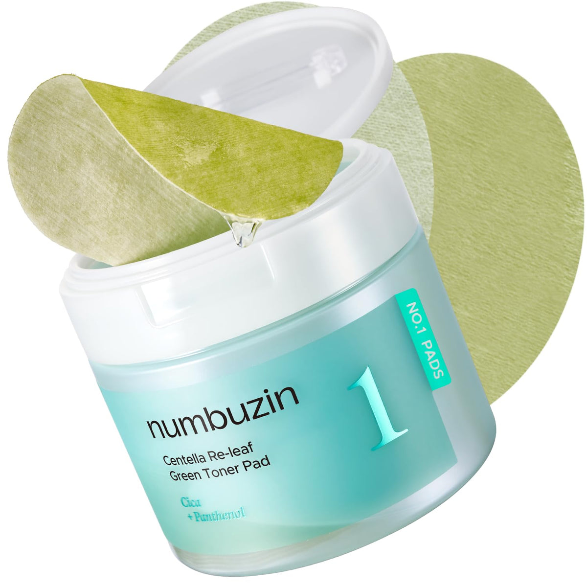 Numbuzin No.1 Toner Pad double-sided green-side closeup highlighting soothing centella leaves and hydration