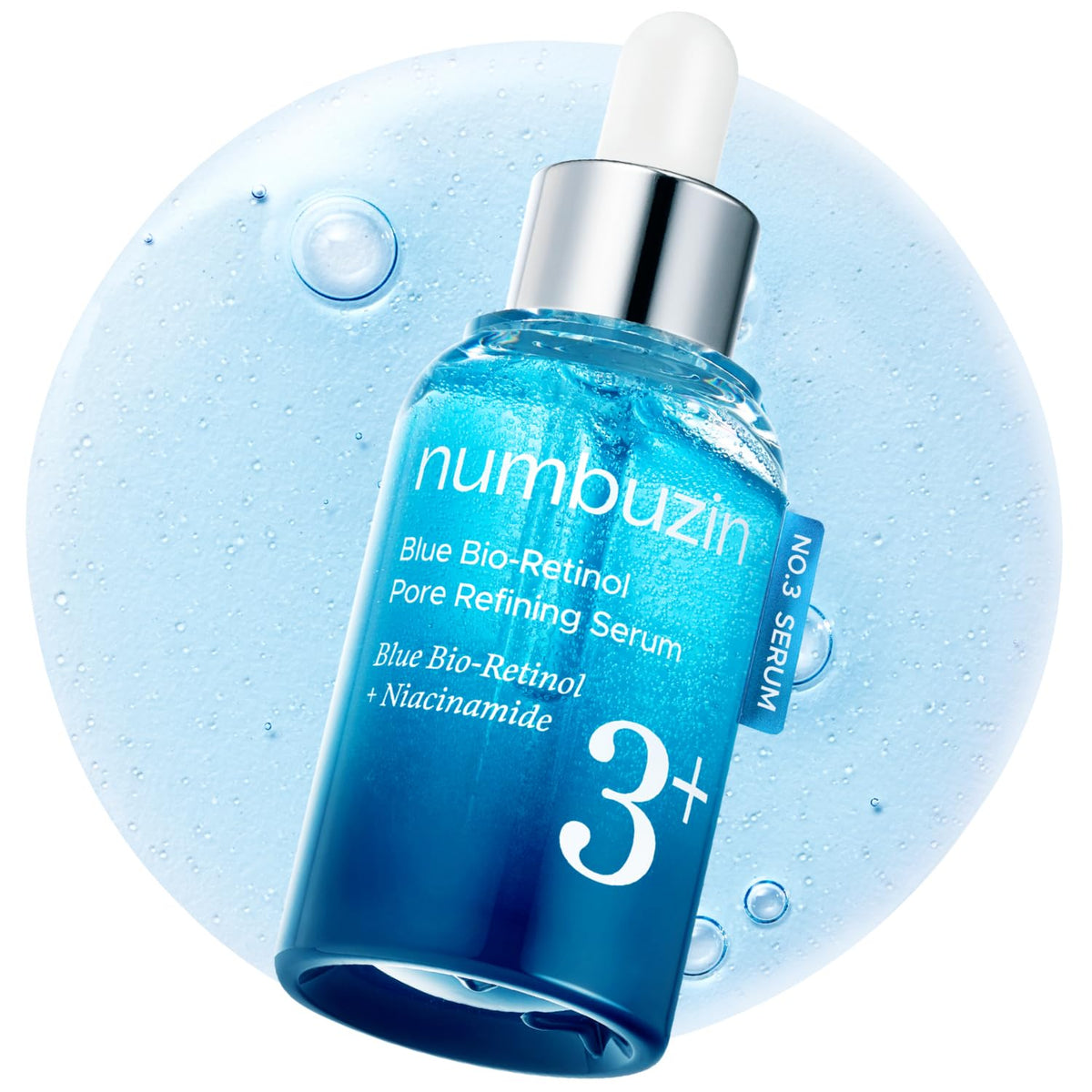 numbuzin No.3 serum bottle front highlights pore-refining blue bio-retinol