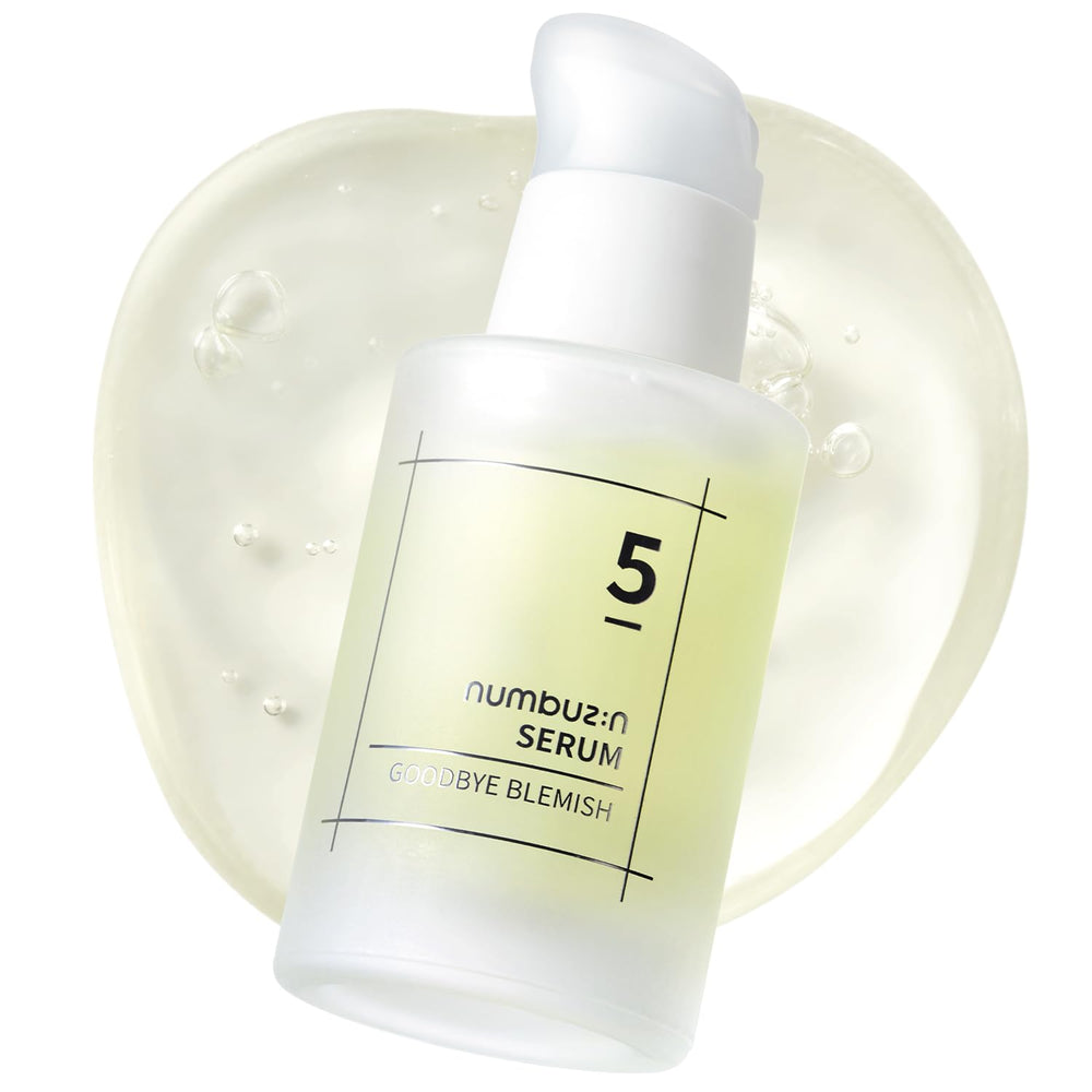 Numbuzin No.5 Serum bottle closeup showing clear gel texture for quick absorption.