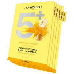 Numbuzin No.5 sheet mask packaging highlights glow-boosting formula for radiant skin.