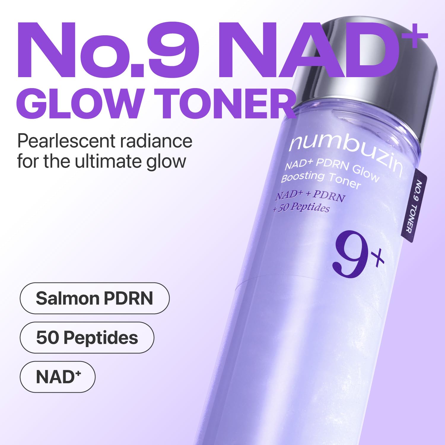 Numbuzin No.9 ingredient panel close-up highlights NAD+ and PDRN for energized-looking skin.