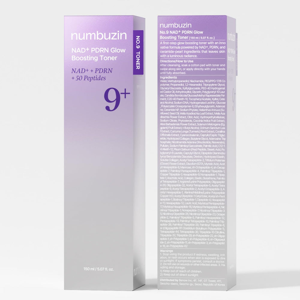 Numbuzin No.9 packaging close-up communicates premium Korean skincare.