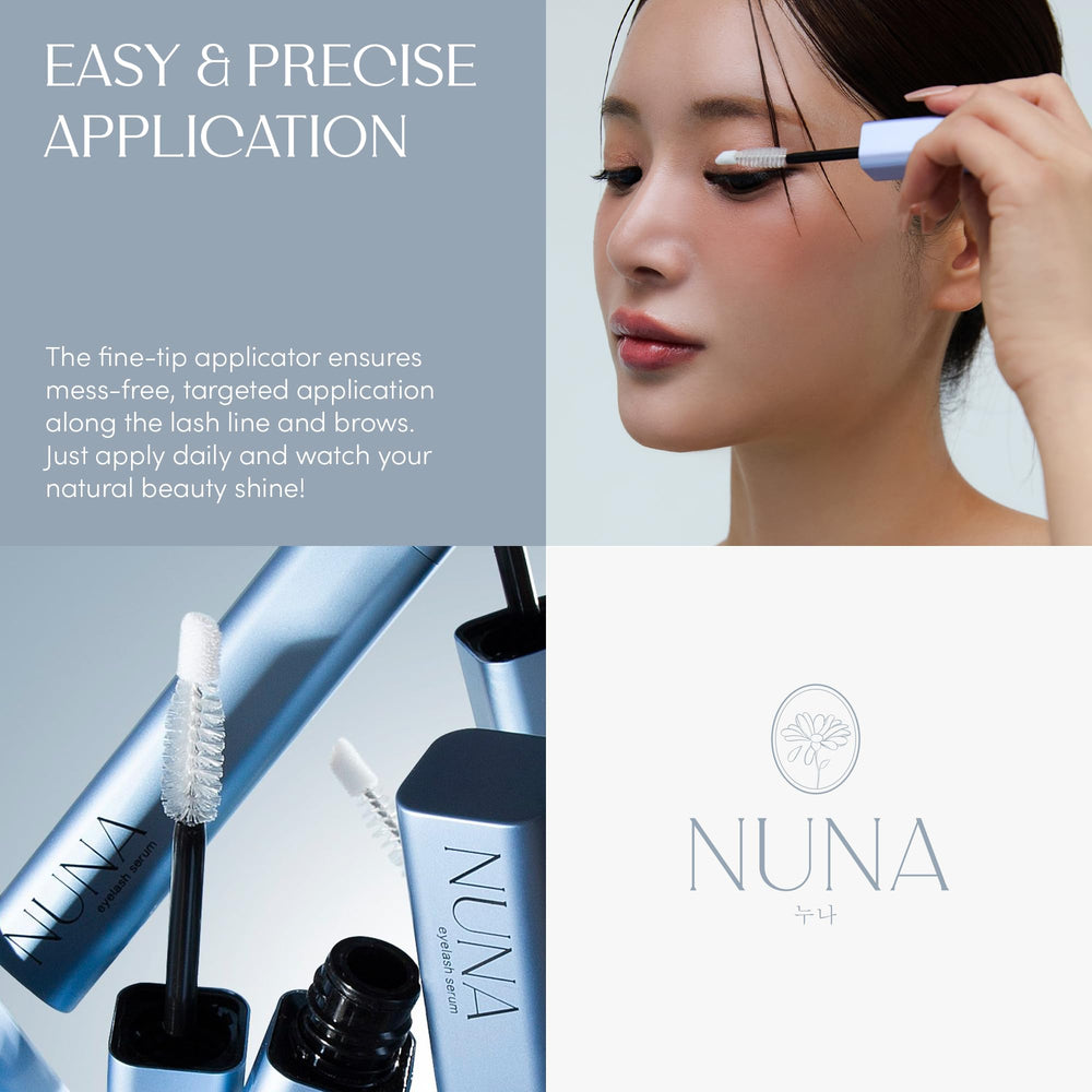 NUNA Eyelash Growth Serum ingredients include biotin and panthenol for nourishing lash texture.