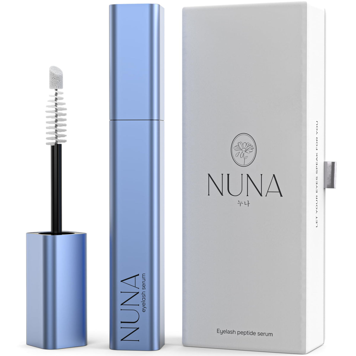 NUNA Eyelash Growth Serum packaging highlights premium Korean beauty innovation for longer, fuller lashes.