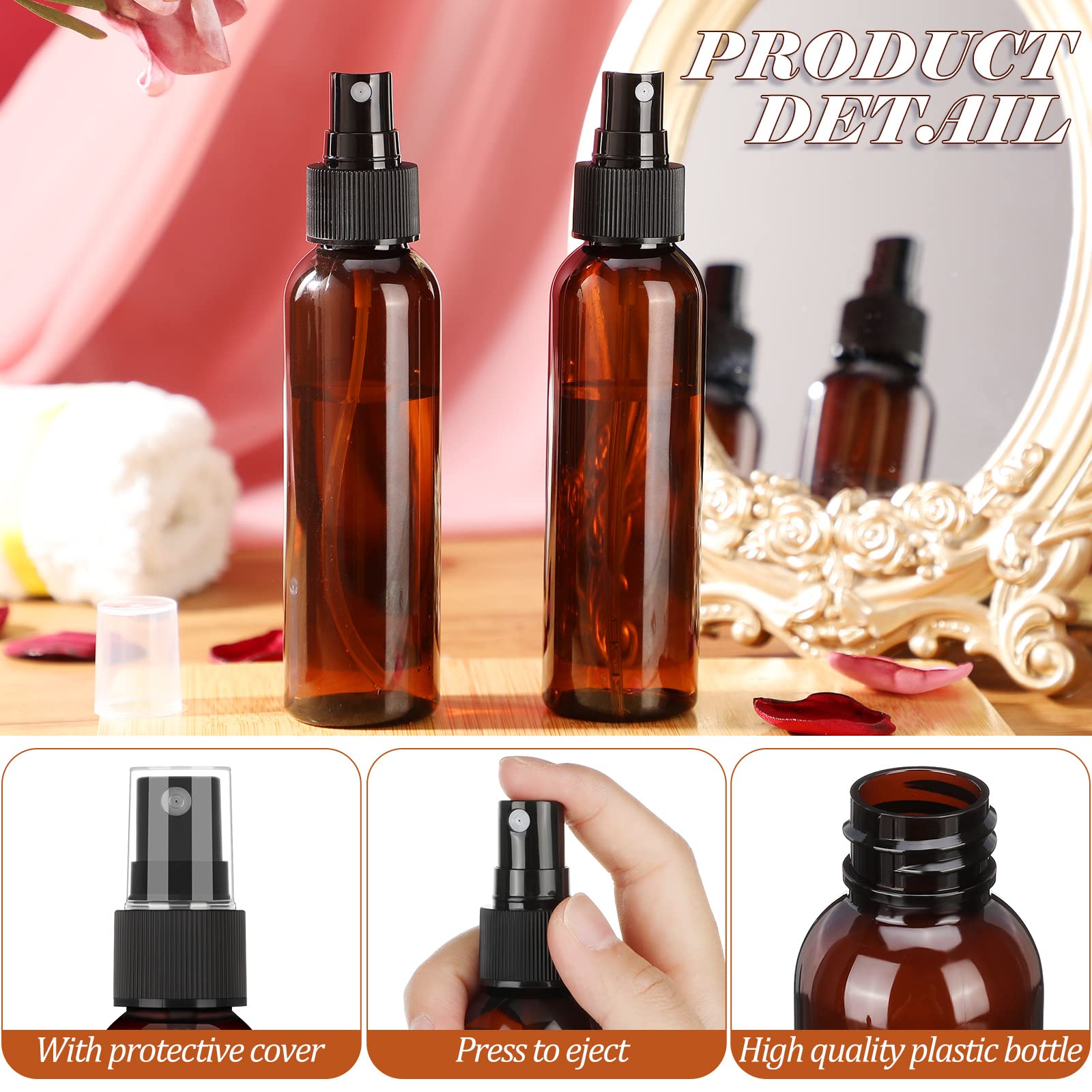 Nuogo amber spray nozzle closeup showcasing precision mist and cap protection.