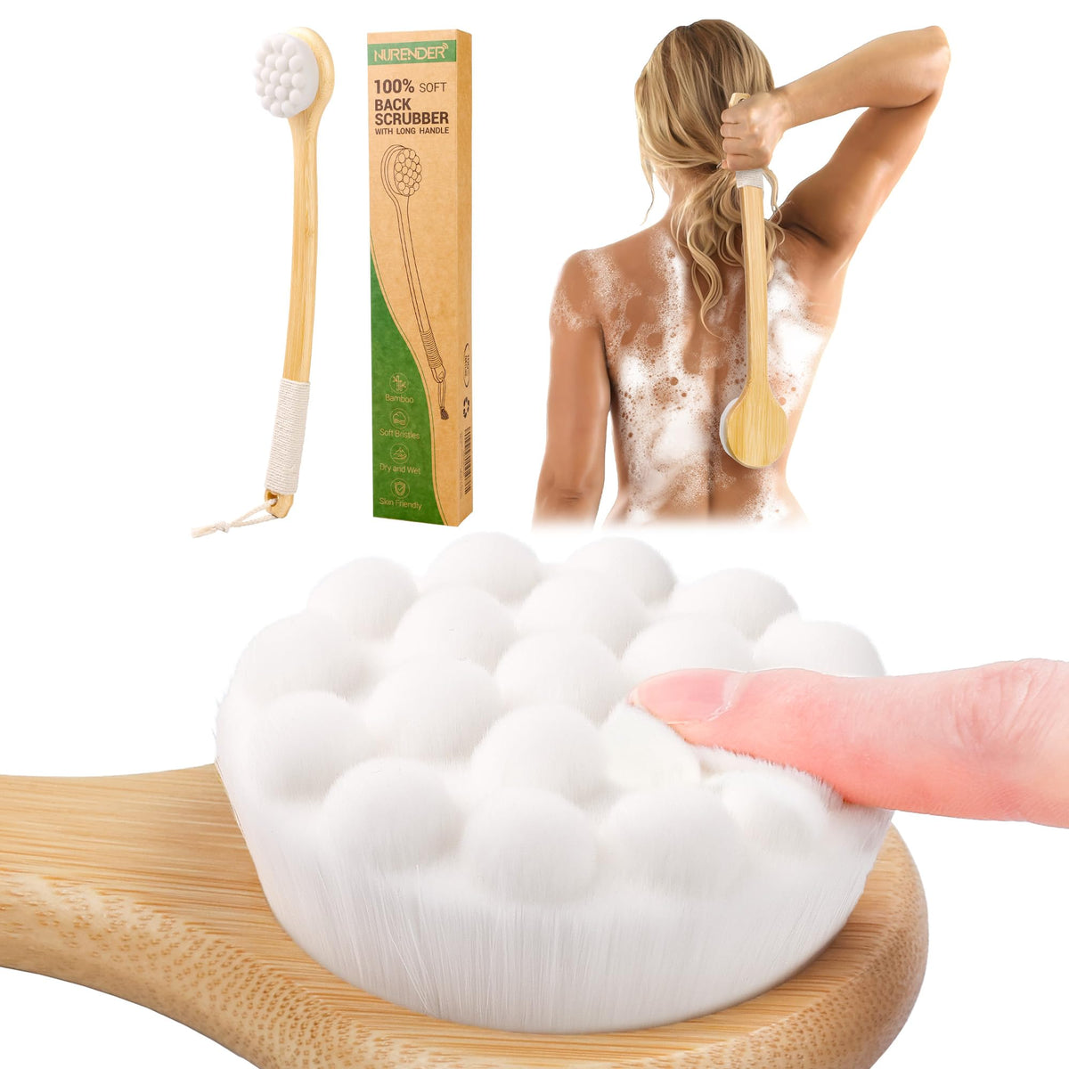 NURENDER back brush long-handle reaches difficult areas for thorough cleansing