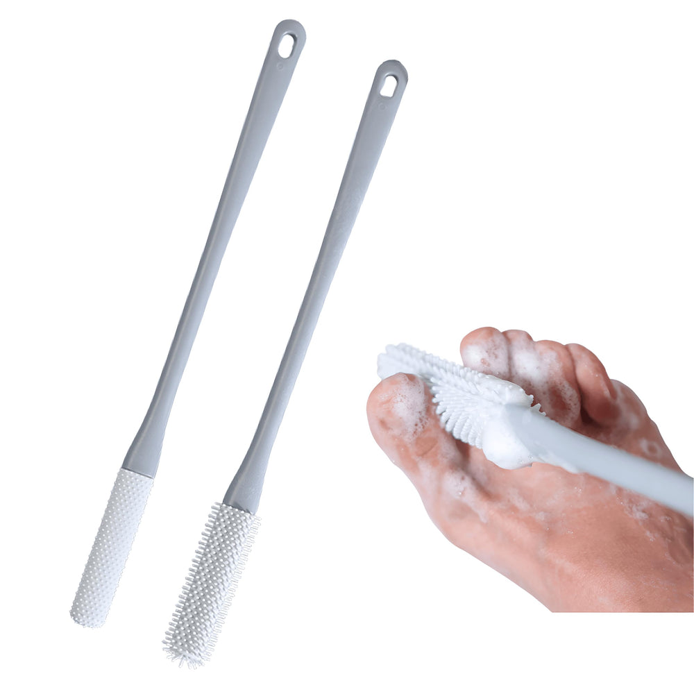 Nurlypop toe-cleaning-brush-long-handle in shower for easy, no-bend foot cleaning.