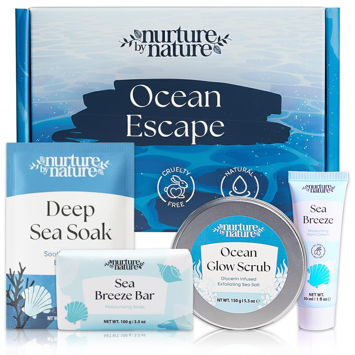Nurture by Nature Ocean Escape gift set packaging for a calming home spa ritual