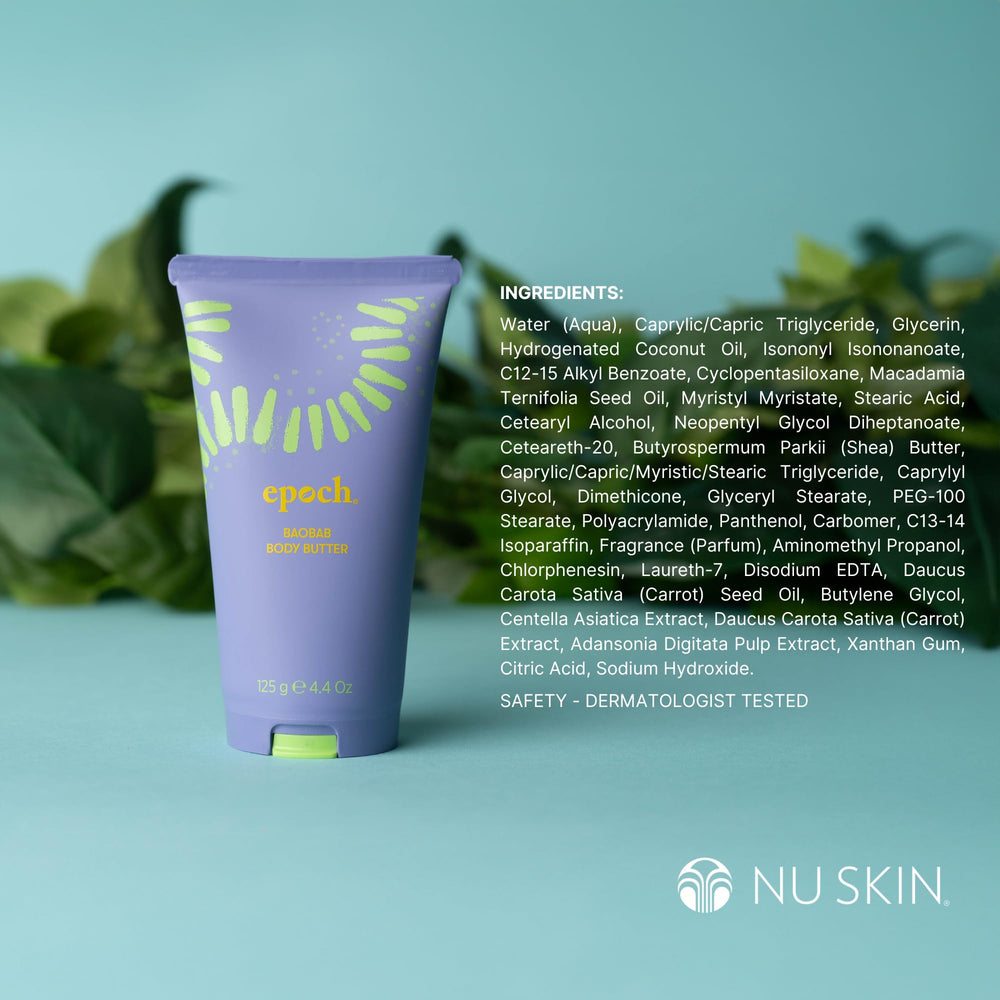 Nu Skin Epoch Baobab Body Butter jar full highlights premium shea butter for lasting moisture