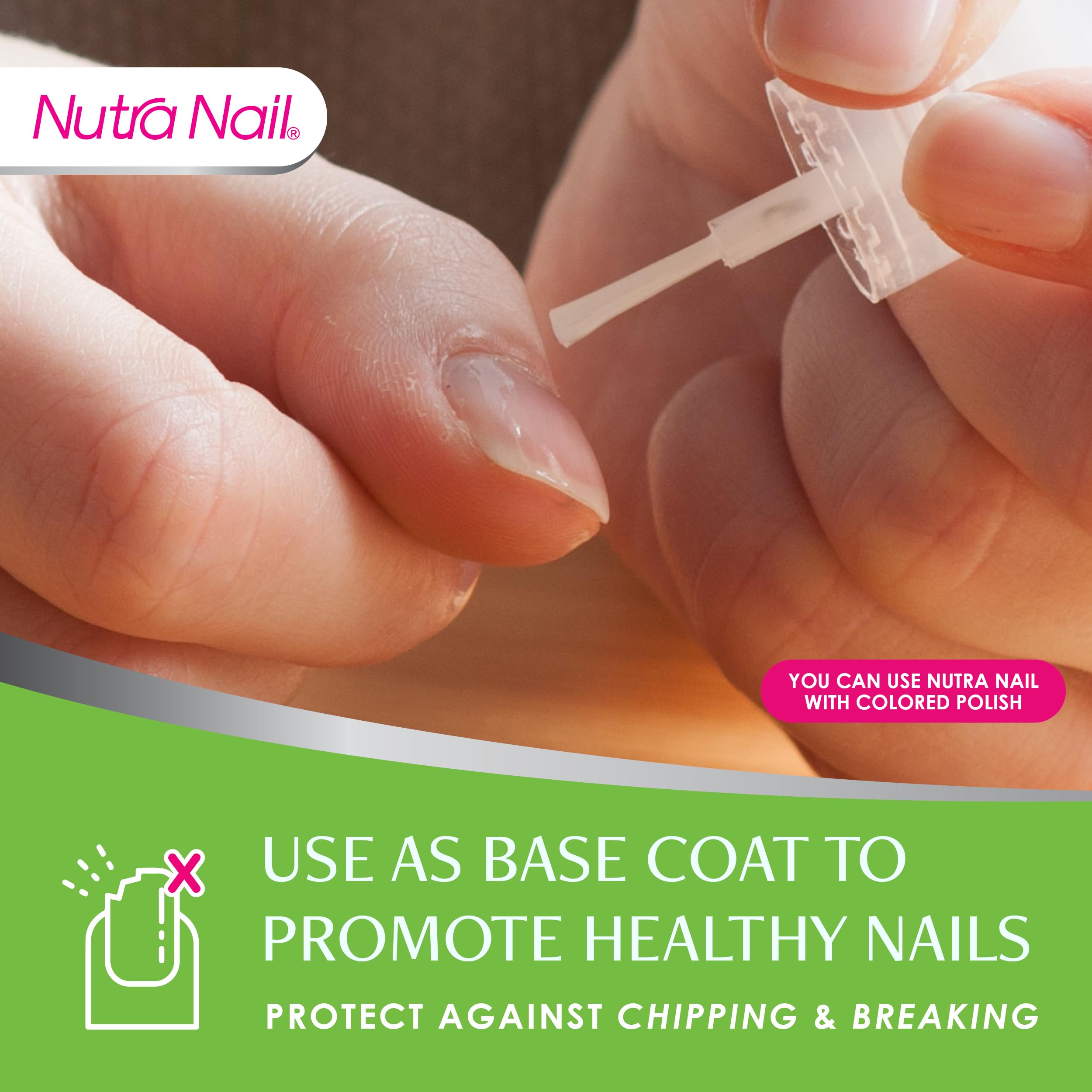 Nutra Nail growth treatment side-view bottle highlights portable, on-the-go use