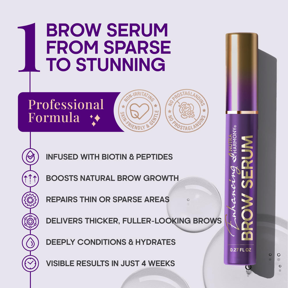NUTRAHARMONY Brow Serum applicator brush shows precise targeting for sparse areas