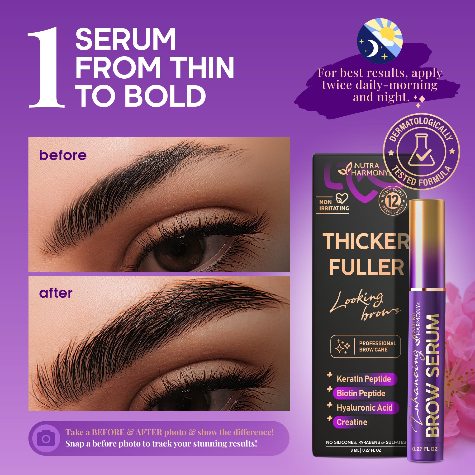 NUTRAHARMONY Brow Serum with hyaluronic acid and castor oil hydrates and reduces breakage