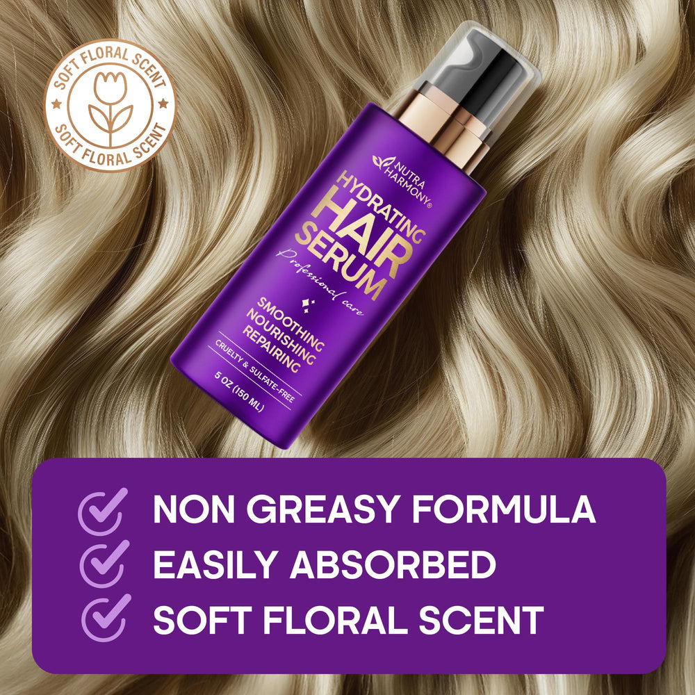 NUTRAHARMONY Hydrating Hair Serum ingredient shot features keratin, biotin, castor oil, rosemary.