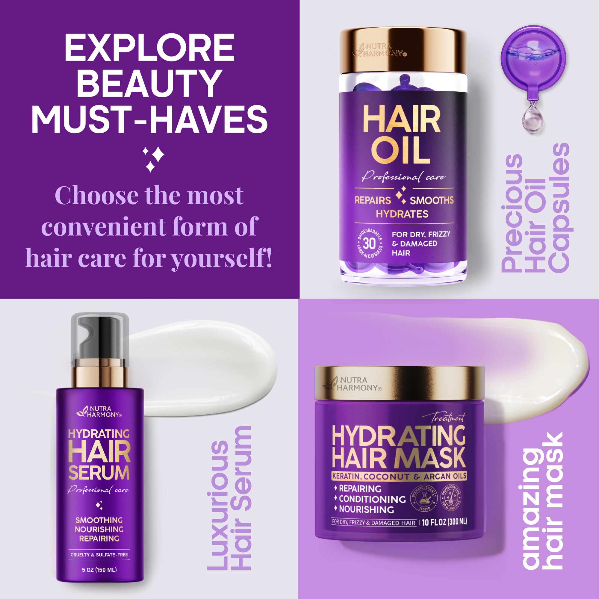 NUTRAHARMONY Hydrating Hair Serum packaging uses recycled materials.