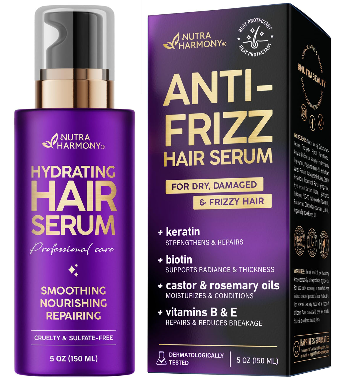 NUTRAHARMONY Hydrating Hair Serum bottle shows lightweight hydration for silky, frizz-controlled styling.