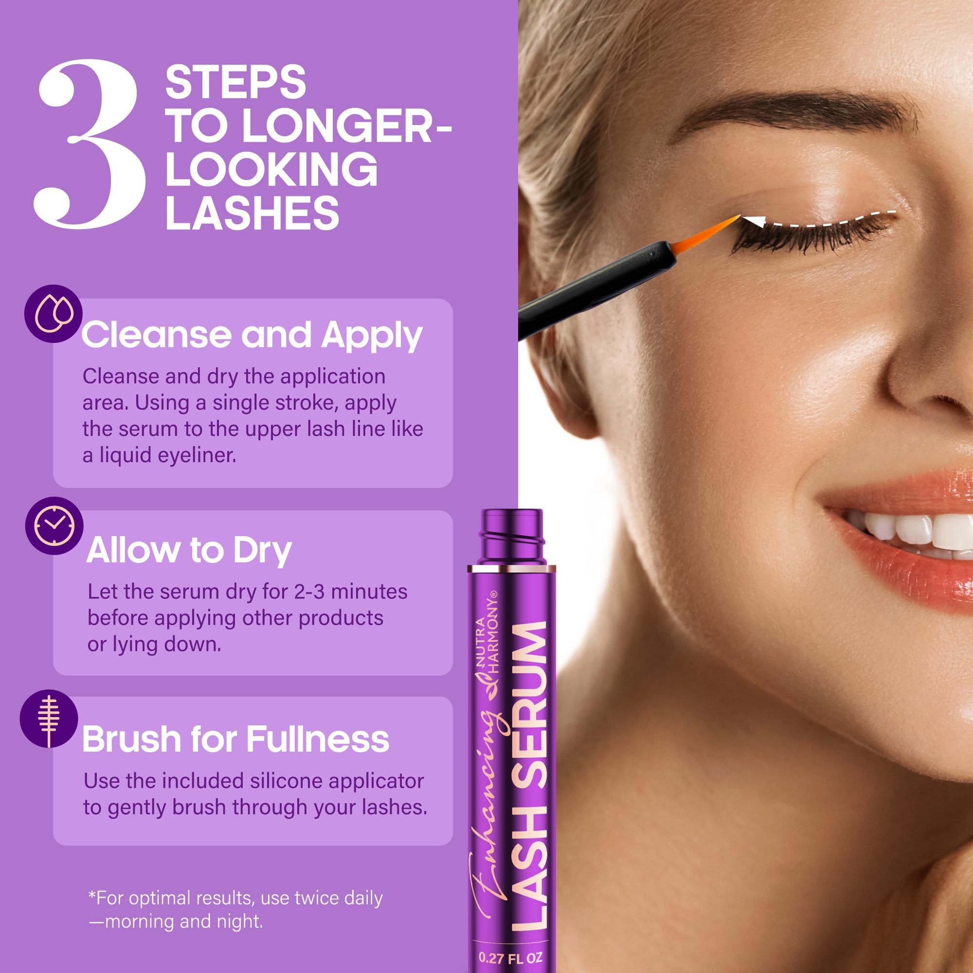 NutraHarmony Lash Serum applicator brush ready for precise daily application