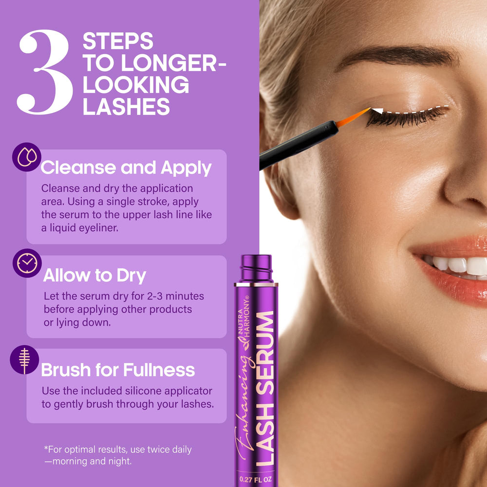 NutraHarmony Lash Serum applicator brush ready for precise daily application