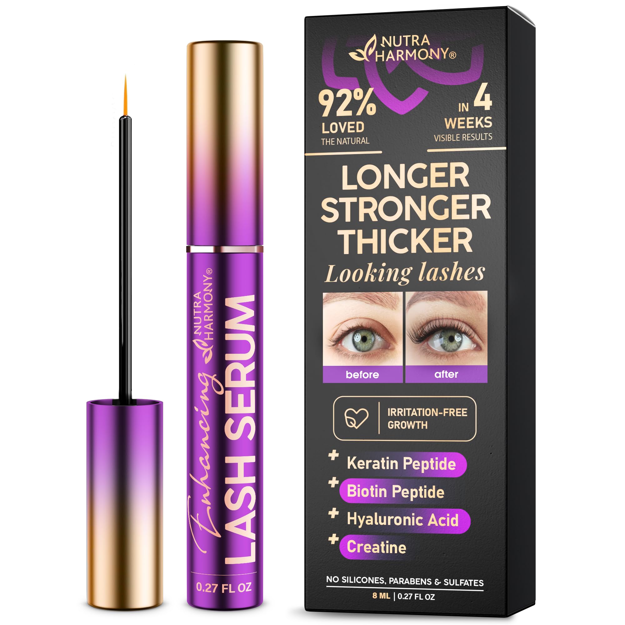 NutraHarmony Lash Serum bottle close-up for daily lash nourishment