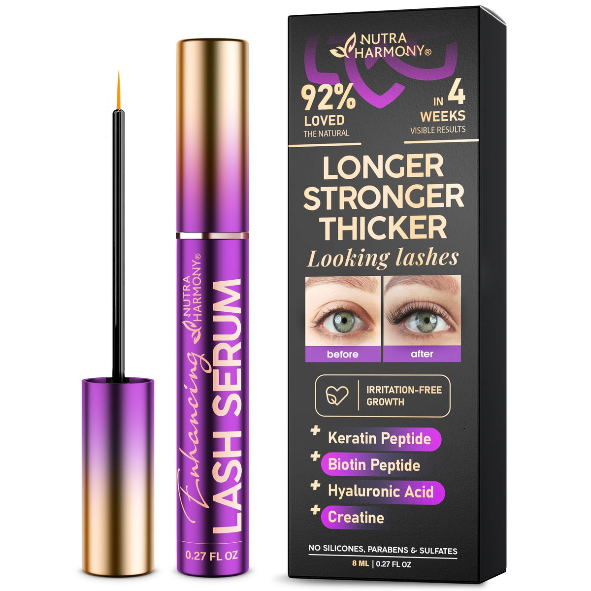 NutraHarmony Lash Serum bottle close-up for daily lash nourishment