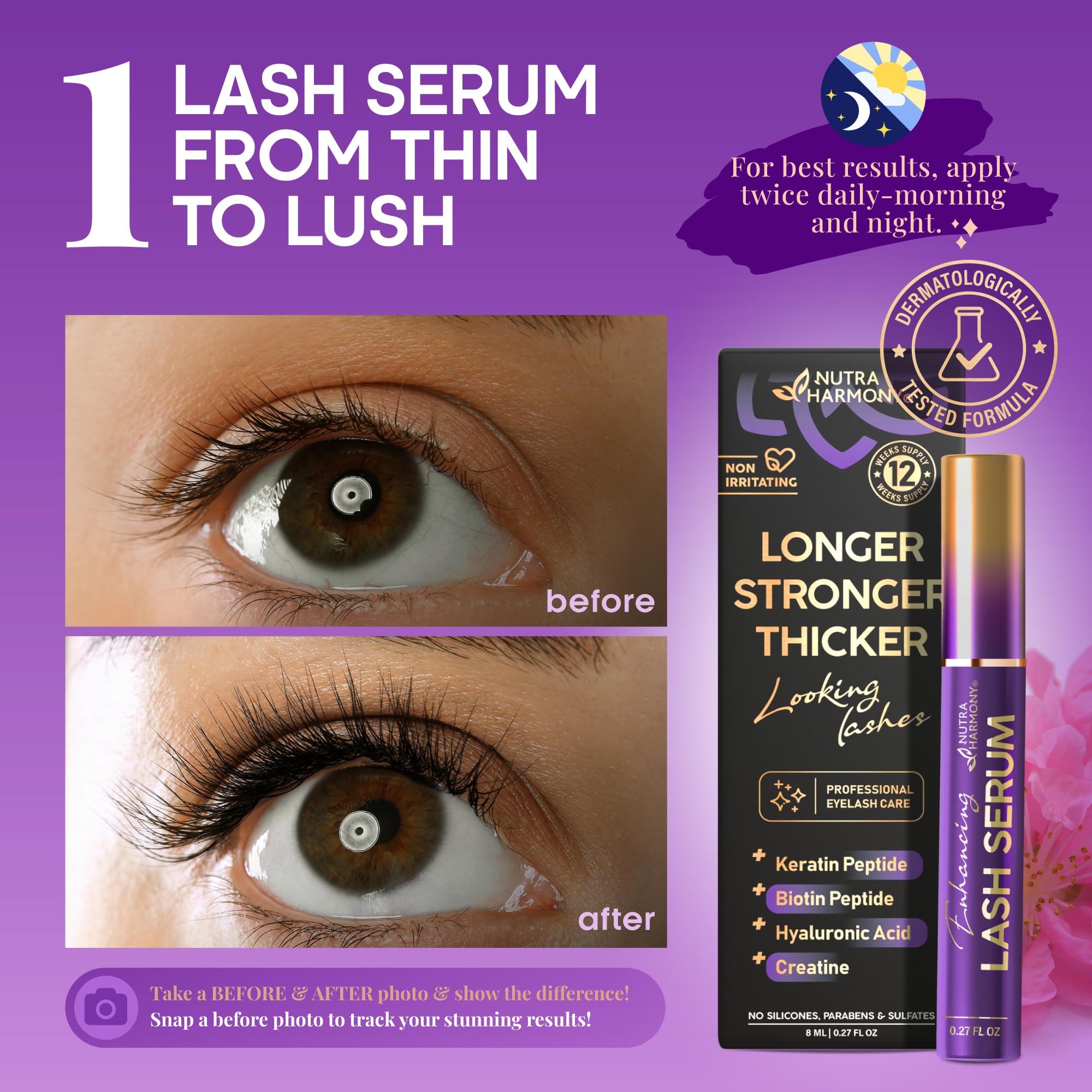 NutraHarmony Lash Serum peptides illustrating density and lash condition improvement