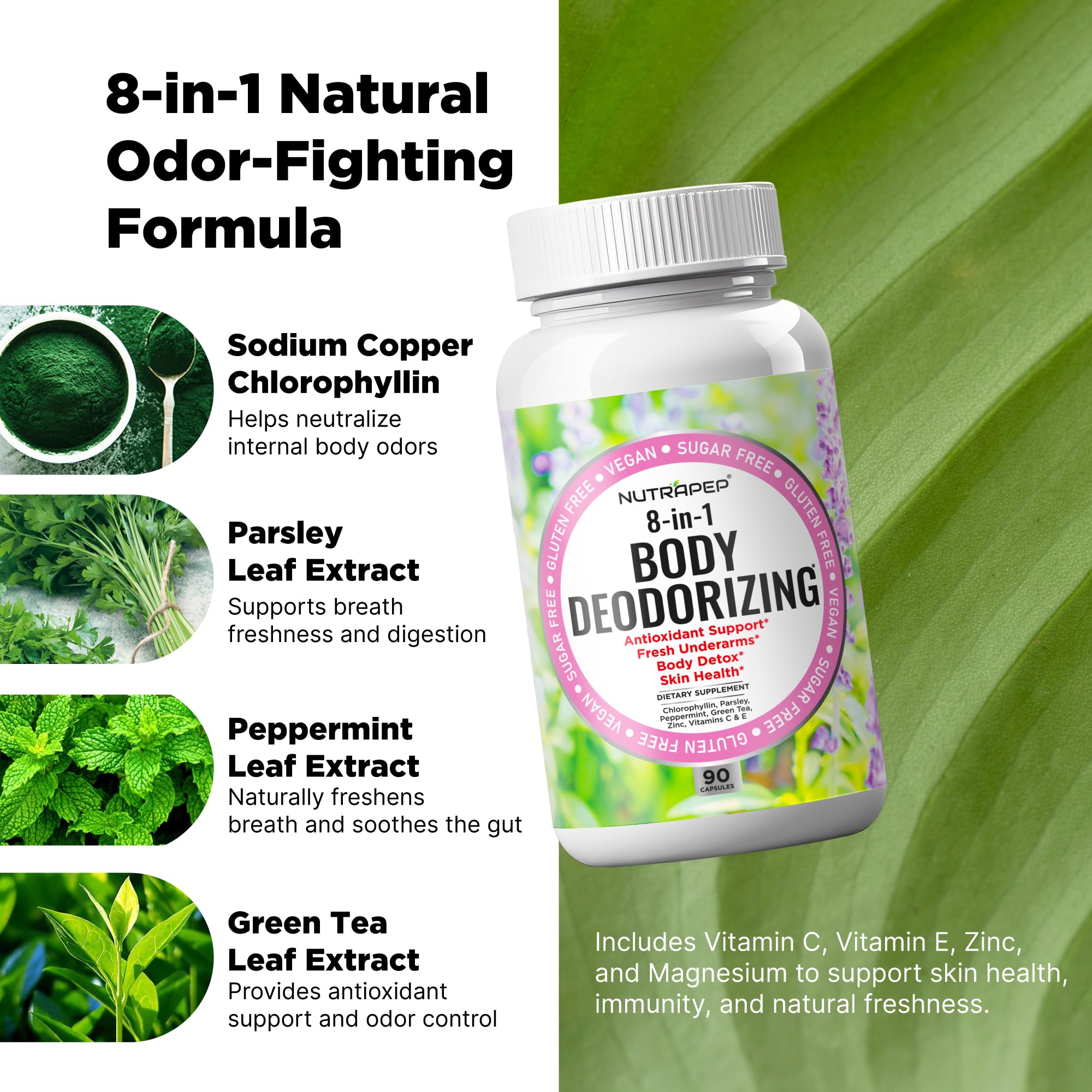 NutraPep zinc and vitamins C & E indicating skin health and antioxidant support