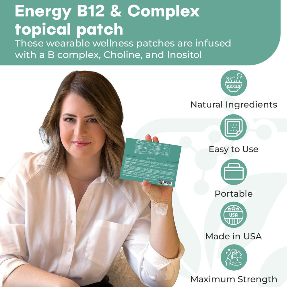 NUTRI-PATCH b12-b6-b5 closeup highlights extended-release benefits for daytime routines