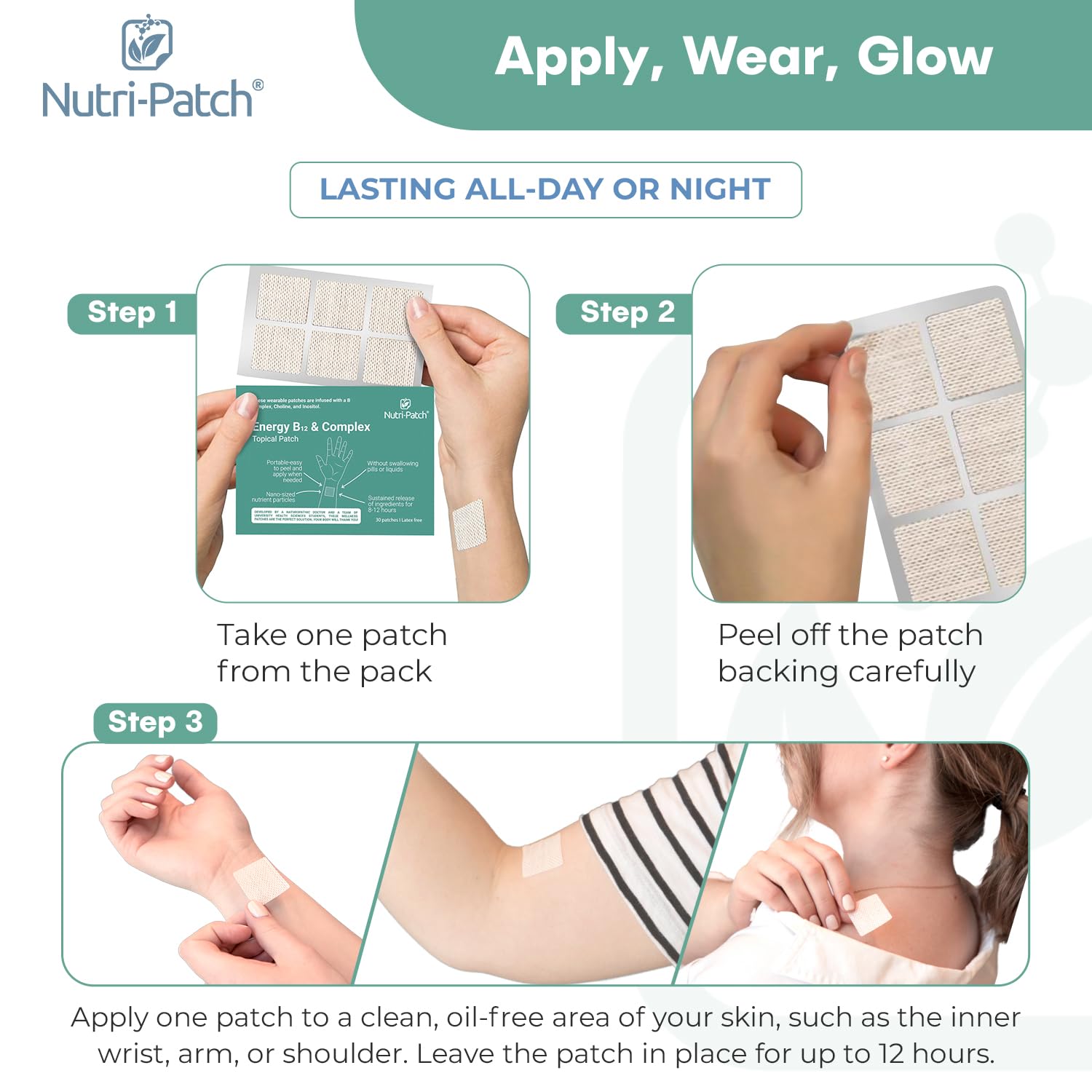 NUTRI-PATCH extended-release 8-12 hours delivers steady skin-absorbed nutrients