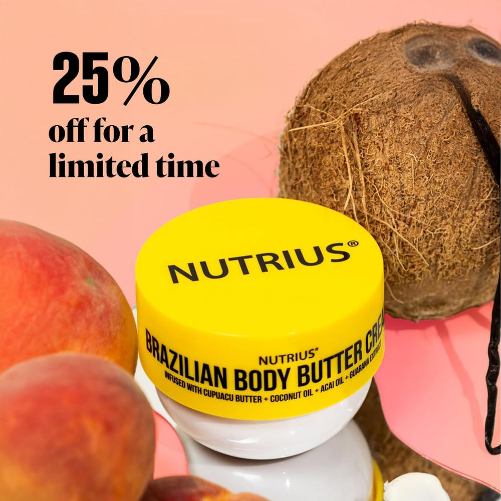 Nutrius Brazilian Body Butter Cream jar close-up highlighting nourishing formula